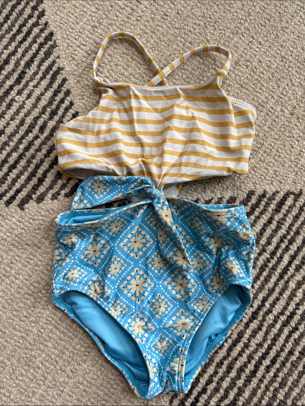 O'Neill Girls Yellow Stripe and Blue Pattern One-Piece Swimsuit